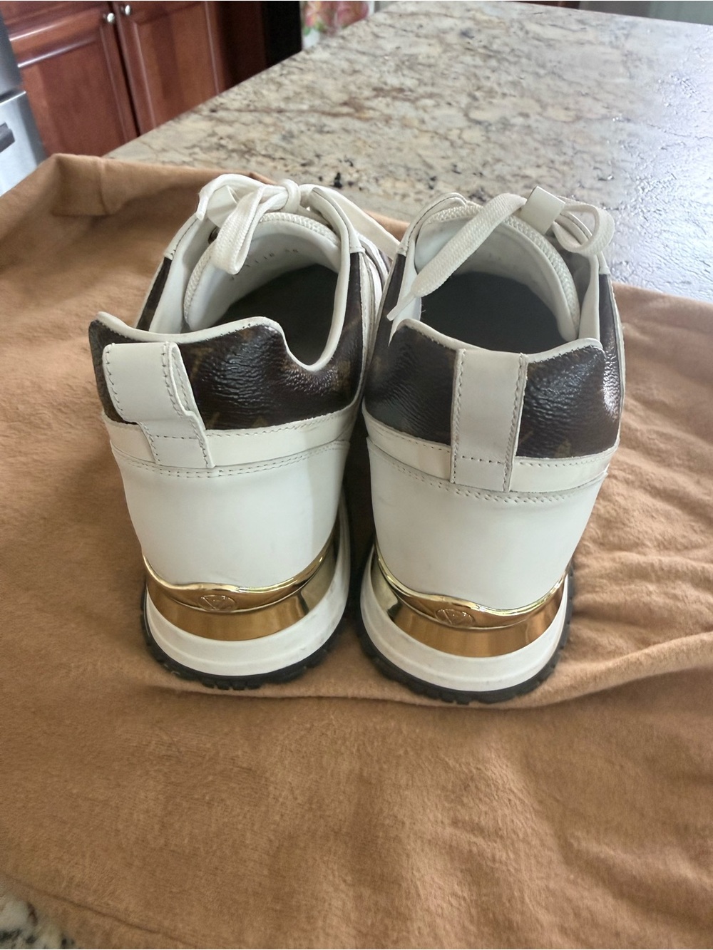 Louis Vuitton White & Brown Women's LV Low-Top Sneakers with Gold Accent - Picture 3 of 9